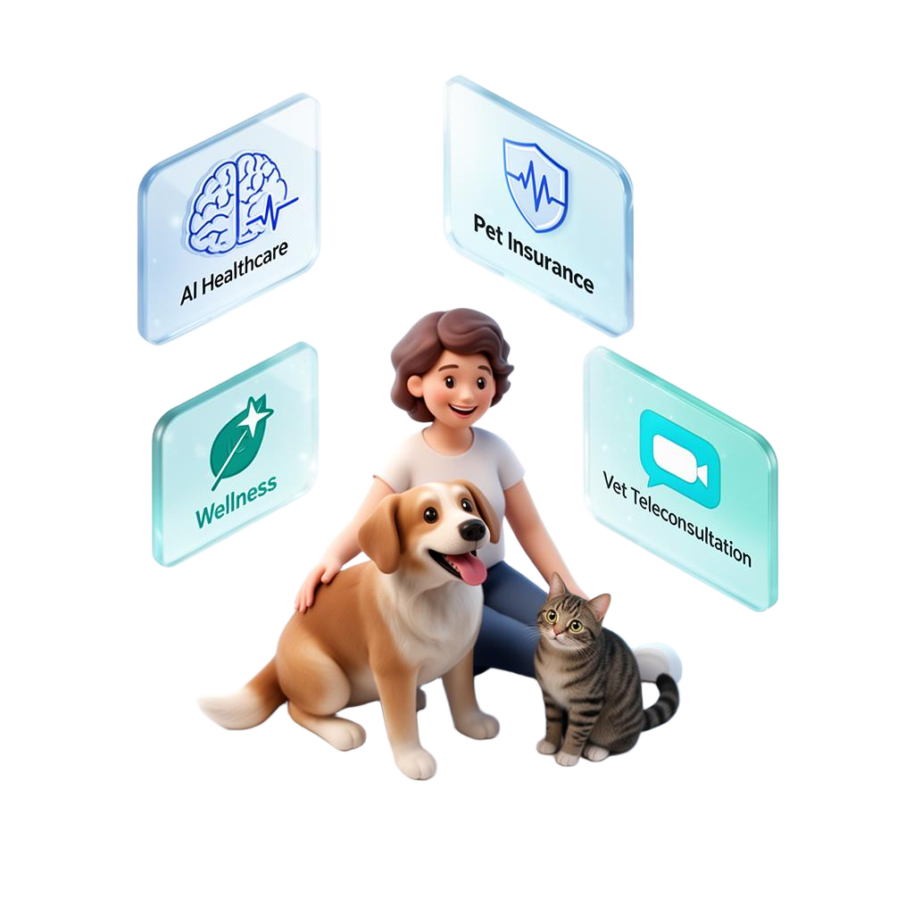Pet parent with dog and cat surrounded by AI healthcare, insurance, wellness, and teleconsultation services